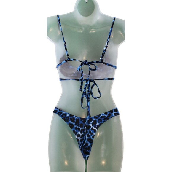 Brazilian Cut Blue Leopard Triangle Bikini With Mesh Skirt Sz M - Picture 2 of 6
